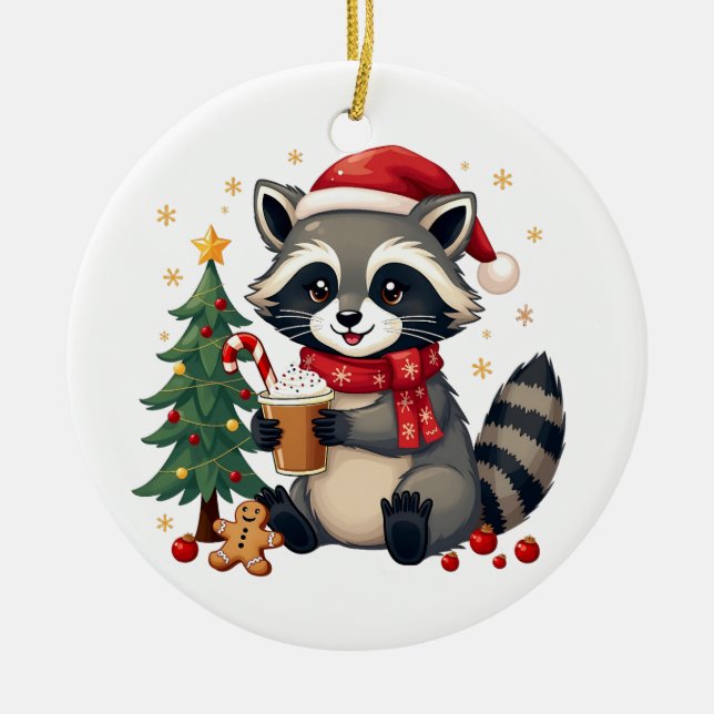 Racoon Wearing Santa Hat For Christmas Holiday  Ceramic Ornament (Front)