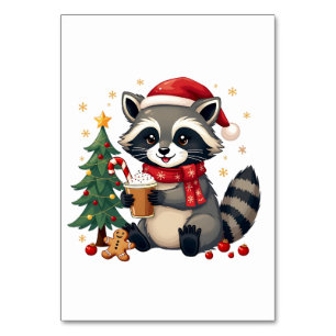 Racoon Wearing Santa Hat For Christmas Holiday Table Number