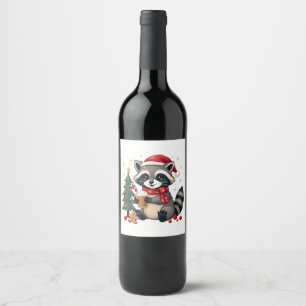Racoon Wearing Santa Hat For Christmas Holiday Wine Label