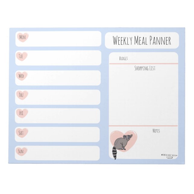 Racoon Weekly Meal planner notepad  (Front)