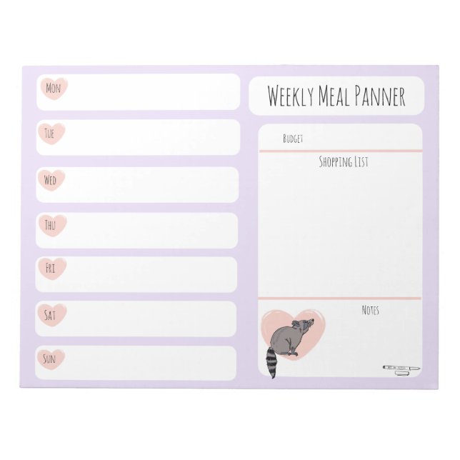Racoon Weekly Meal planner notepad  (Front)