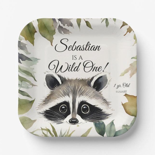 Racoon Wild One Woodland Animal Birthday Party Paper Plate (Front)