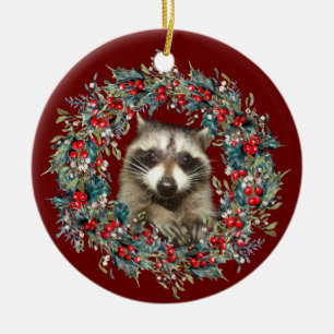 Racoon Wildlife lover Christmas  Xmas wreath red Ceramic Ornament