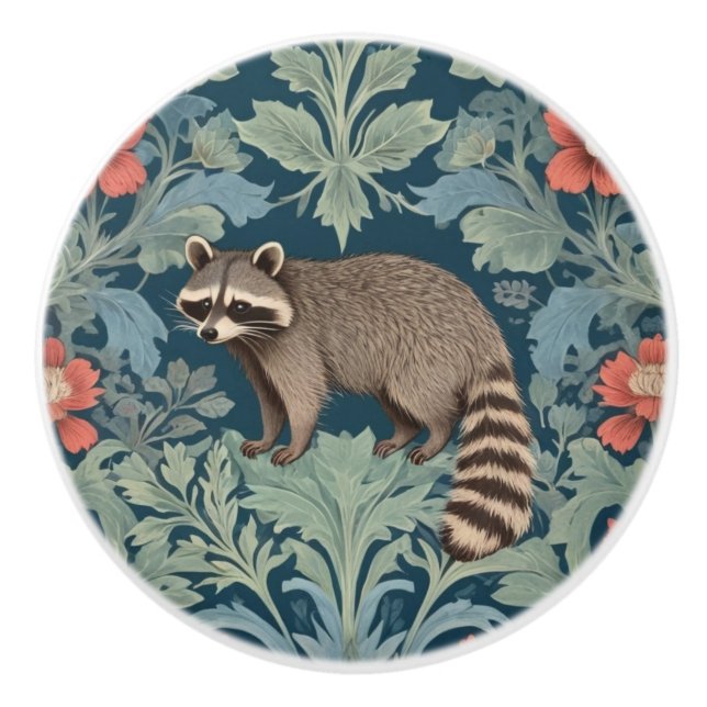 Racoon William Morris style Left Facing Floral Ceramic Knob (Front)