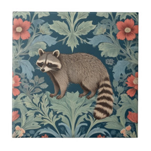 Racoon William Morris style Left Facing Floral Ceramic Tile