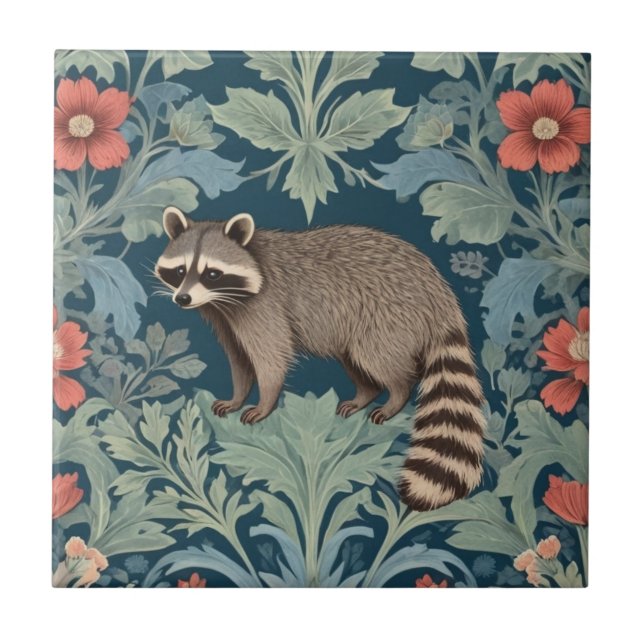Racoon William Morris style Left Facing Floral Ceramic Tile (Front)