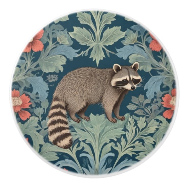 Racoon William Morris style Right Facing Floral Ceramic Knob (Front)