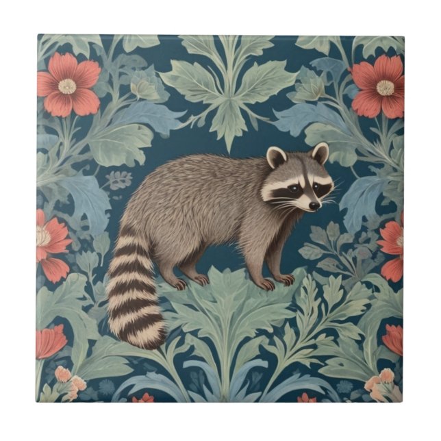 Racoon William Morris style Right Facing Floral Ceramic Tile (Front)