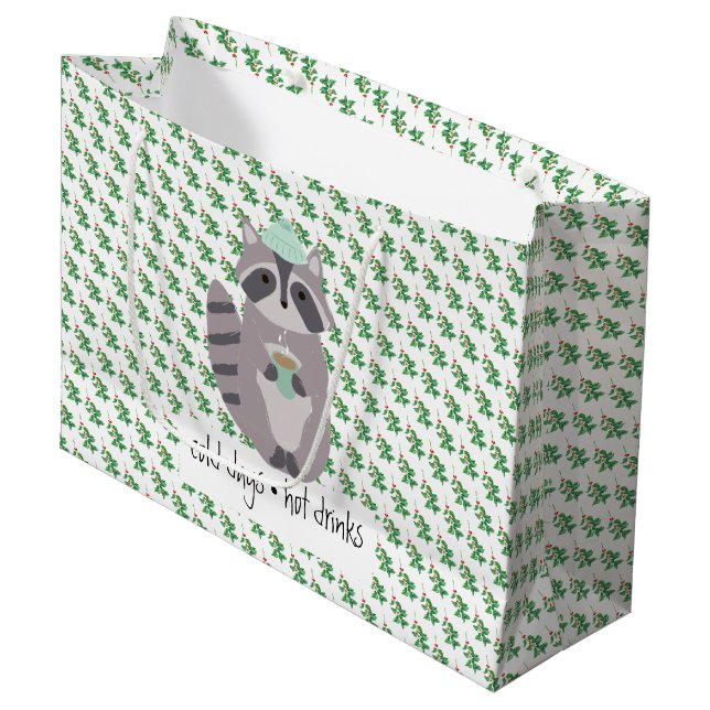 Racoon With A Hot Drink Large Gift Bag (Front Angled)