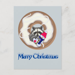 Racoon with a snowman Merry Christmas Postcard