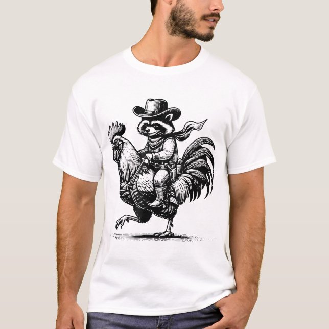 Racoon With Cowboy Hat  Boots Riding Rooster  T-Shirt (Front)