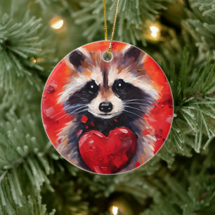 Racoon with hearts ceramic ornament