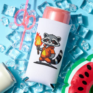 Racoon with Torch Seltzer Can Cooler