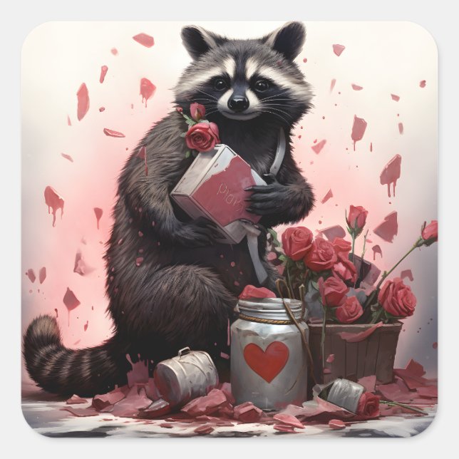 Racoon with Valentines day trash Square Sticker (Front)
