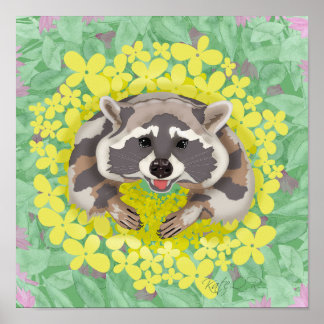 Racoon with yellow flowers poster