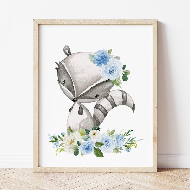 Racoon, Woodland Animals, Boho, Blue Flowers Photo Print (Creator Uploaded)