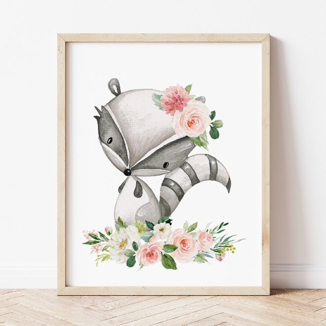 Racoon, Woodland Animals, Boho, Pink Flowers Photo Print (Creator Uploaded)