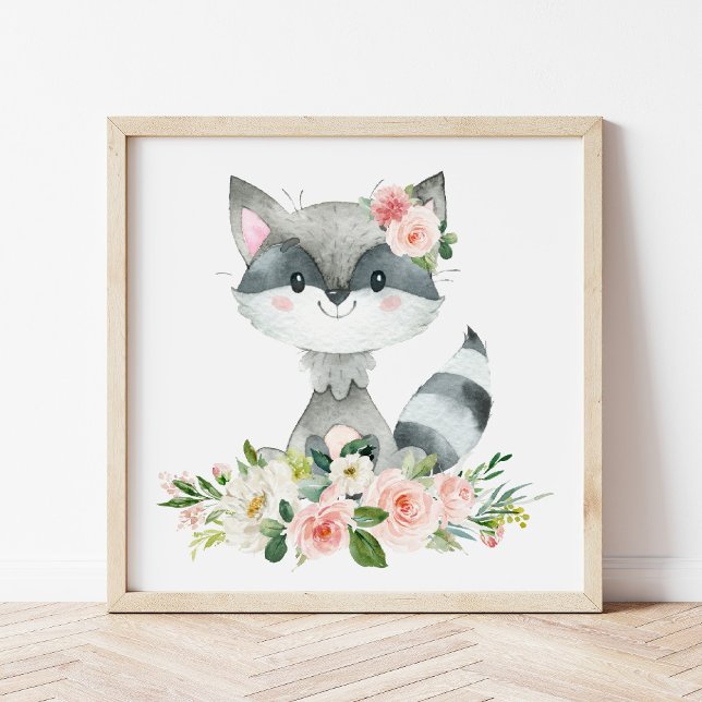 Racoon, Woodland Animals, Boho, Pink Flowers Poster (Creator Uploaded)