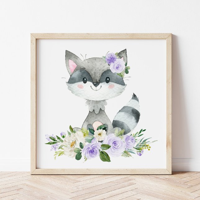 Racoon, Woodland Animals, Boho, Purple Flowers Photo Print (Creator Uploaded)