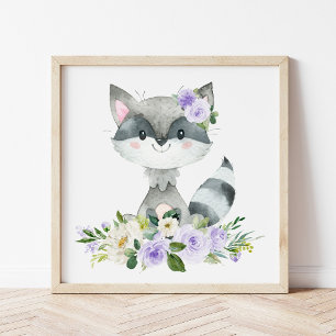 Racoon, Woodland Animals, Boho, Purple Flowers Poster