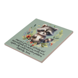 Racoon Woodland Kids Christian Prayer on Blue   Ceramic Tile