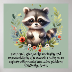 Racoon Woodland Kids Christian Prayer on Blue Poster
