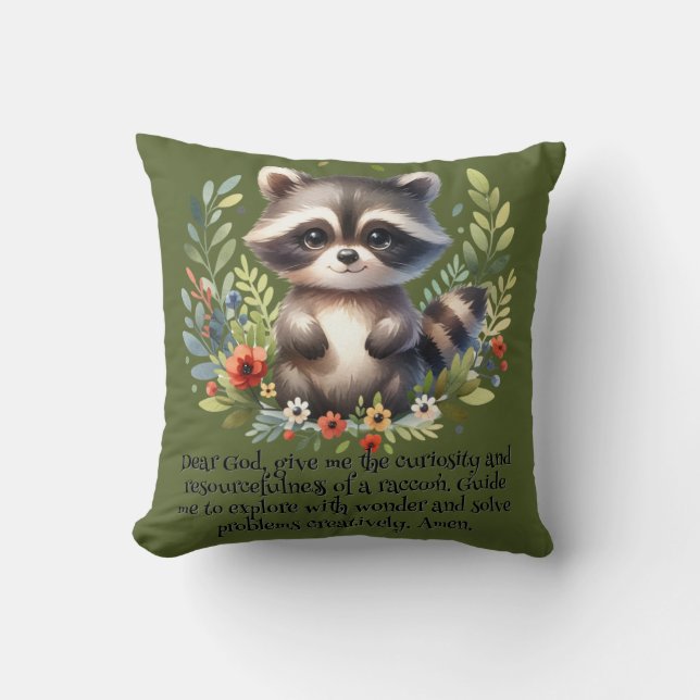 Racoon Woodland Kids Christian Prayer on Green |  Cushion (Front)