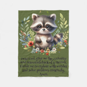 Racoon Woodland Kids Christian Prayer on Green   Fleece Blanket
