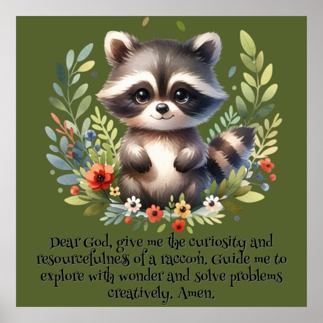 Racoon Woodland Kids Christian Prayer on Green | Poster (Front)
