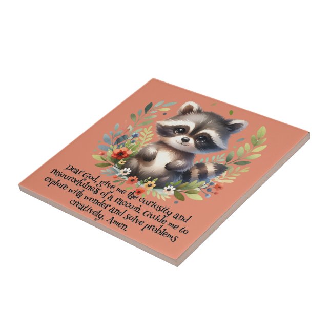 Racoon Woodland Kids Christian Prayer on Pink | Ceramic Tile (Side)