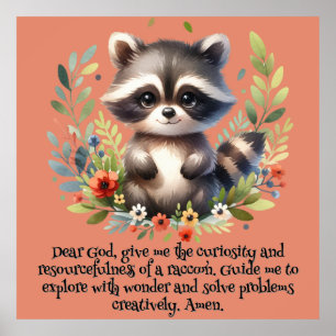 Racoon Woodland Kids Christian Prayer on Pink   Poster