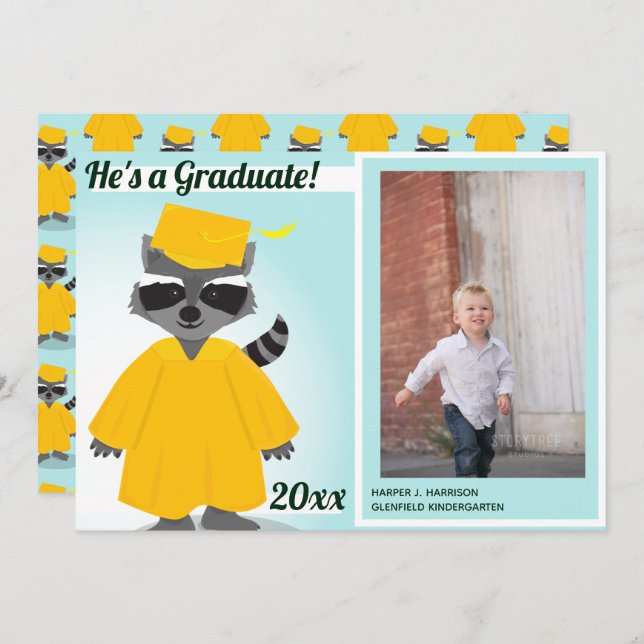 Racoon Yellow Blue Graduation Photo Announcement (Front/Back)