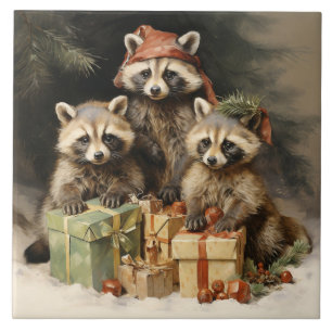 Racoons and Christmas Presents Ceramic Tile