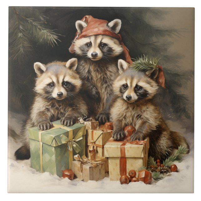 Racoons and Christmas Presents Ceramic Tile (Front)
