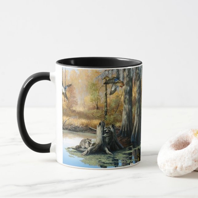 Racoons Invade The Duck Pond   Mug (With Donut)