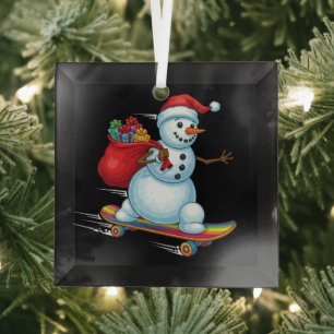 Rad Christmas Skateboarding Snowman  Glass Tree Decoration