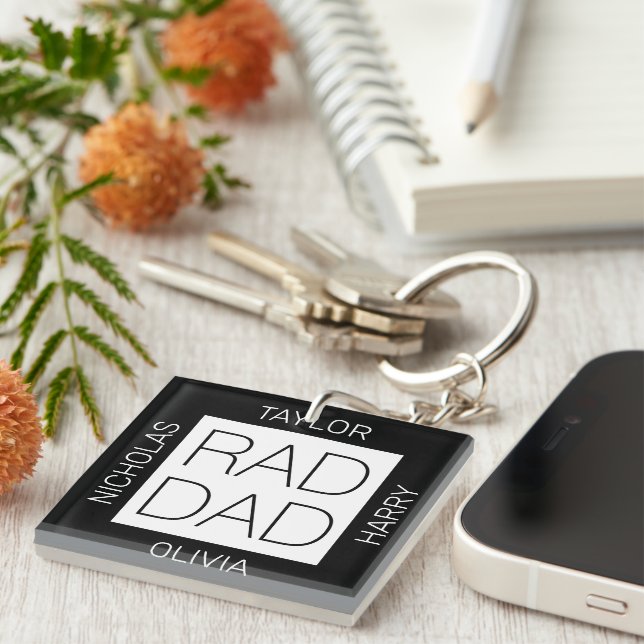 Rad Dad modern design custom kids names black Key Ring (Front Right)