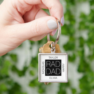 Rad Dad modern design custom kids names white Key Ring