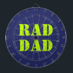 Rad Dad neon green navy blue modern typography Dartboard<br><div class="desc">Rad Dad neon green and navy blue modern typography cool Dart board.
Great gift for your dad for Father’s Day or for his birthday.
Check the rest of the collection for matching coordinating items.</div>