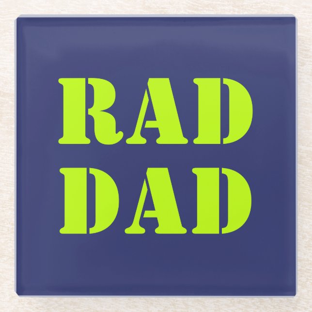 Rad Dad neon green navy blue modern typography Glass Coaster (Front)