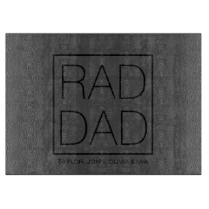 Rad Dad typography custom kids names modern grey Cutting Board
