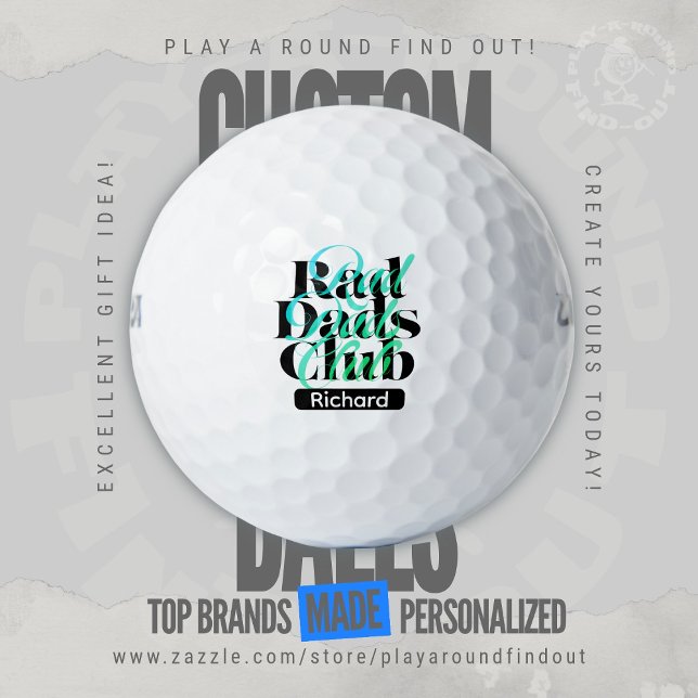 Rad Dads Club Modern Teal Typography Personalised  Golf Balls (Custom Printed Brand Name Golf Balls By PlayARoundFindOut - Zazzle's premiere golf gift shop)