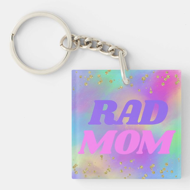 "Rad Mum" Colourful Rainbow Glitter Key Chain (Front)