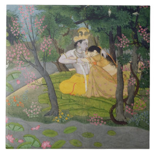 Radha and Krishna embrace in a grove of flowering Ceramic Tile