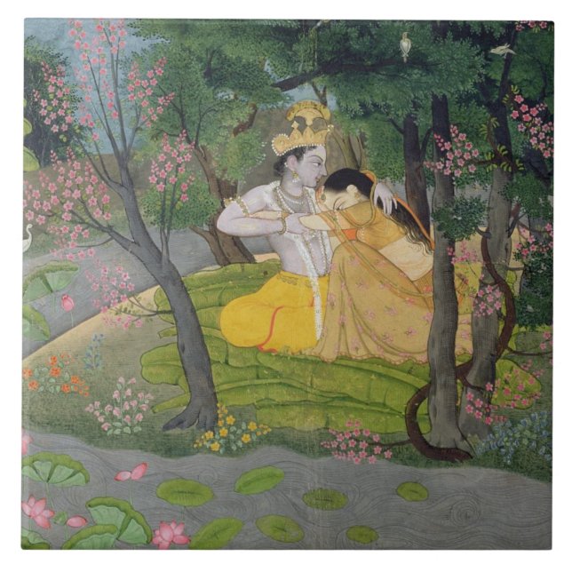 Radha and Krishna embrace in a grove of flowering Ceramic Tile (Front)