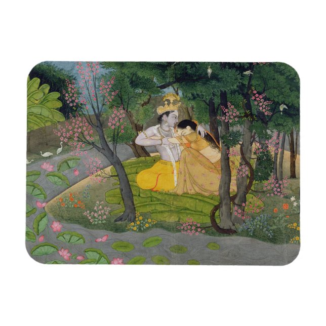 Radha and Krishna embrace in a grove of flowering Magnet (Horizontal)