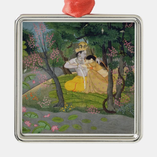 Radha and Krishna embrace in a grove of flowering Metal Ornament (Front)