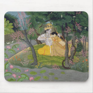 Radha and Krishna embrace in a grove of flowering Mouse Pad