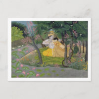 Radha and Krishna embrace in a grove of flowering