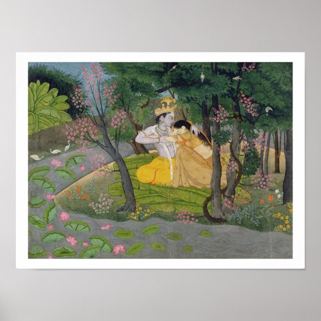 Radha and Krishna embrace in a grove of flowering Poster (Front)